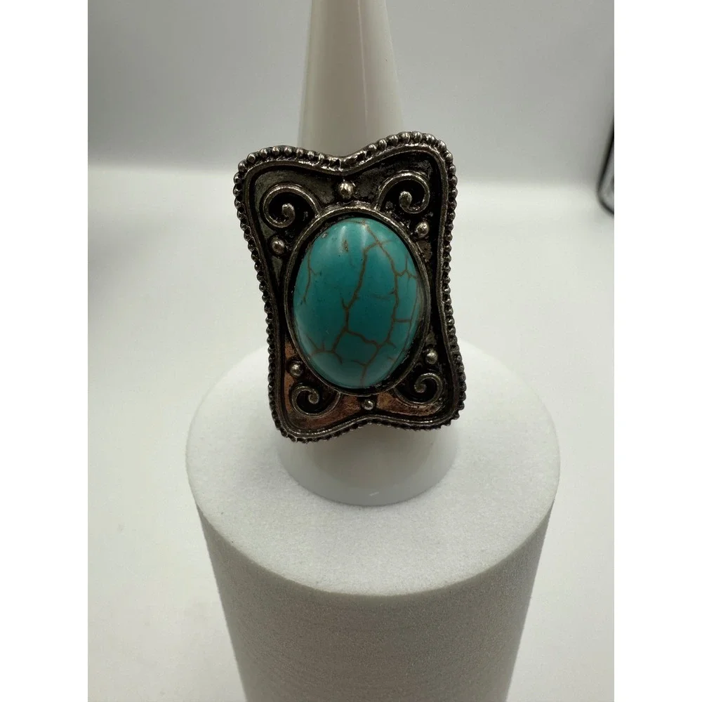 Vintage Faux Turquoise Statement Ring Silver Tone Ornate Scroll Adjustable Band